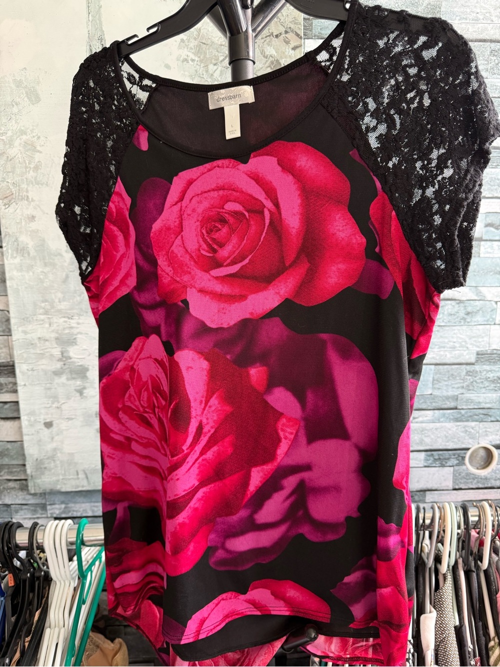 Dressbarn Black & Fuchsia Rose Lace-Sleeve Women's Top